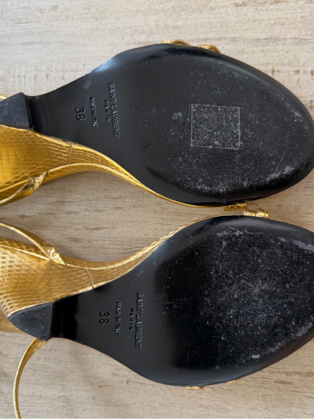 Almost New - Saint Laurent Metallic Gold Strappy Slide Sandals Heel Wedges - Picture 4 of 6